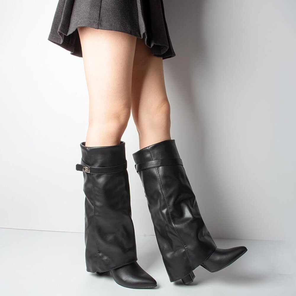 Women's Black Knee High  Fold Over  Wide Calf Pointed Toe  Chunky Heel Boot - Picture 5 of 5